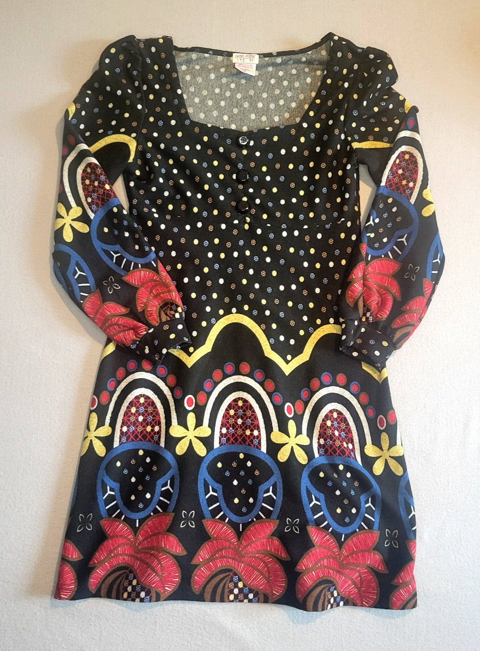Vtg Funky People Pullover Knit Mini Dress Women's Medium Colorful Long Sleeve